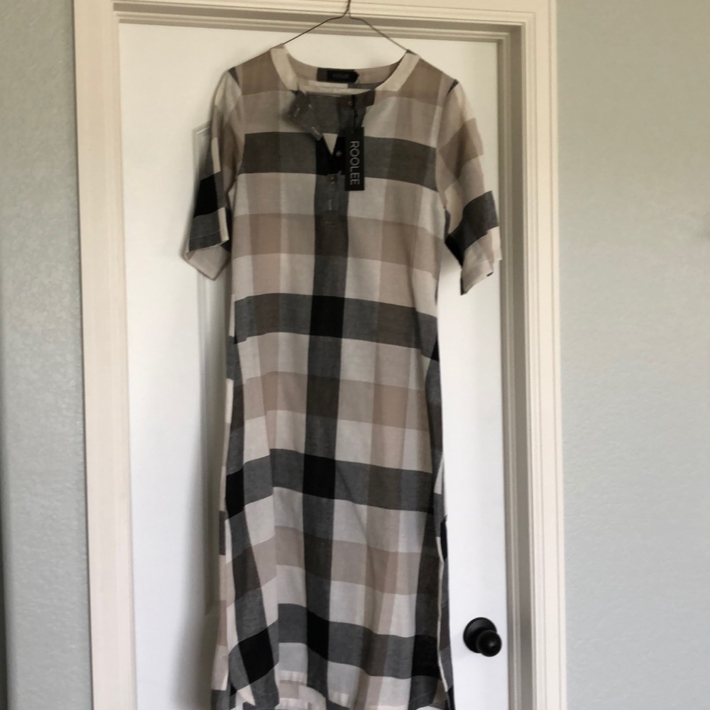 Neutral Plaid Midi Dress by ROOLEE